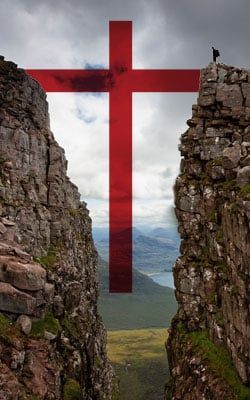 Red cross over a mountain gap, with a person on the right peak and landscape in the background.