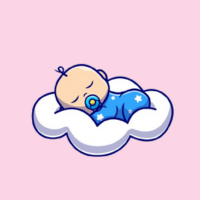 Un bebé está durmiendo en una nube con un chupete en la boca.