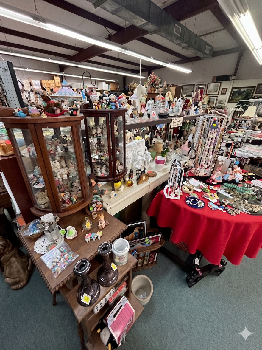 Halloween craft display with pumpkins, ghosts, and fall decorations on a crowded table and shelf