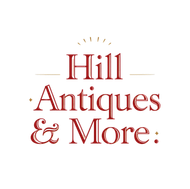 Hill Antiques & More logo in red serif text with gold accents on a white background