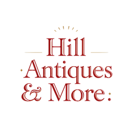 Hill Antiques & More logo in red serif text with gold accents on a white background