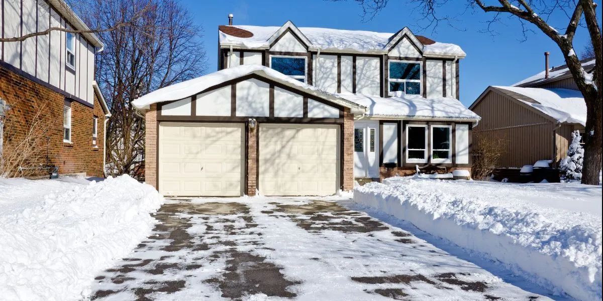 Snow-covered suburban house with a two-car garage and cleared driveway on a sunny winter day