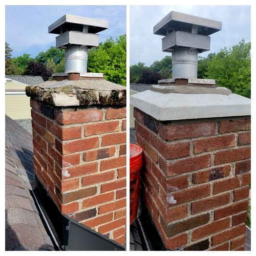 A before and after photo of a brick chimney on a roof.