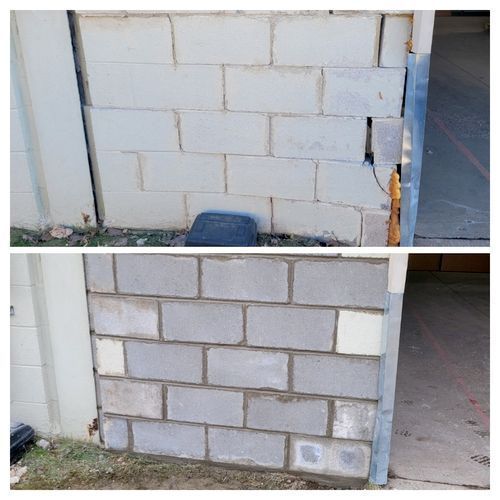 A before and after photo of a brick wall.