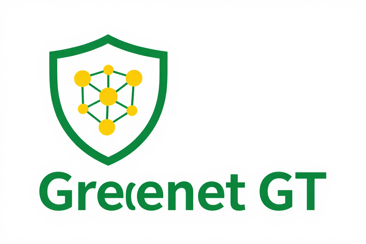 Logotipo de Greenet GT con un escudo verde y un icono de red amarillo encima del texto verde.