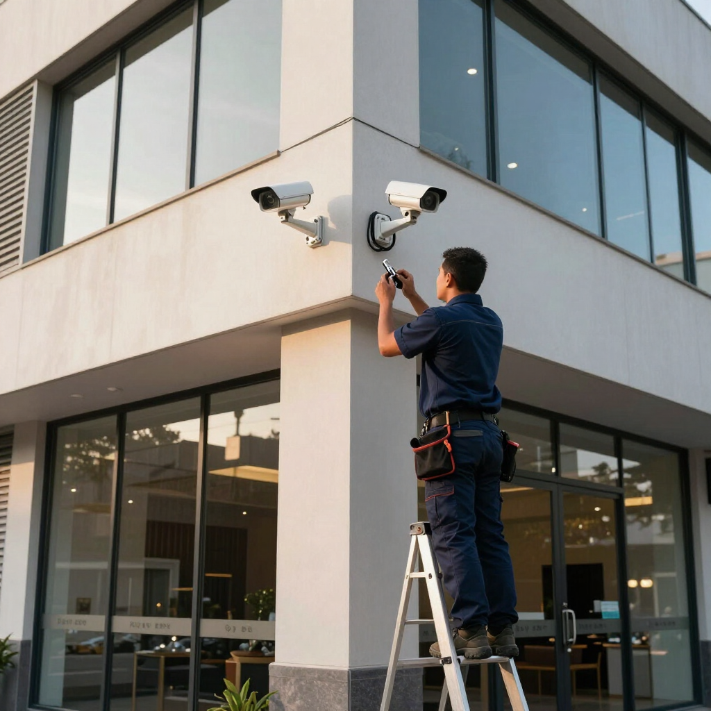 Técnico subido a una escalera instalando una cámara de seguridad en el exterior de un edificio de oficinas moderno