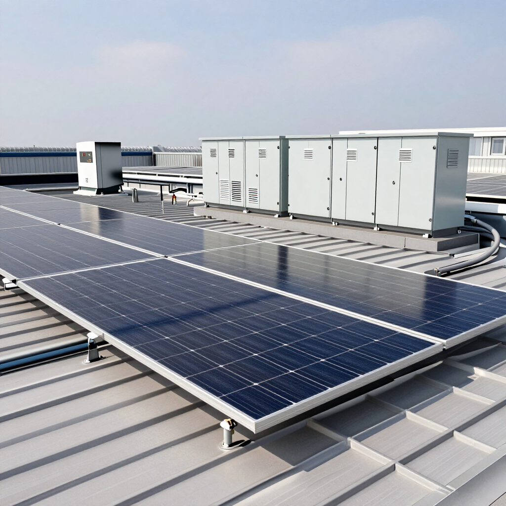 Paneles solares en una azotea junto a unos equipos de servicios públicos blancos, bajo un cielo despejado.