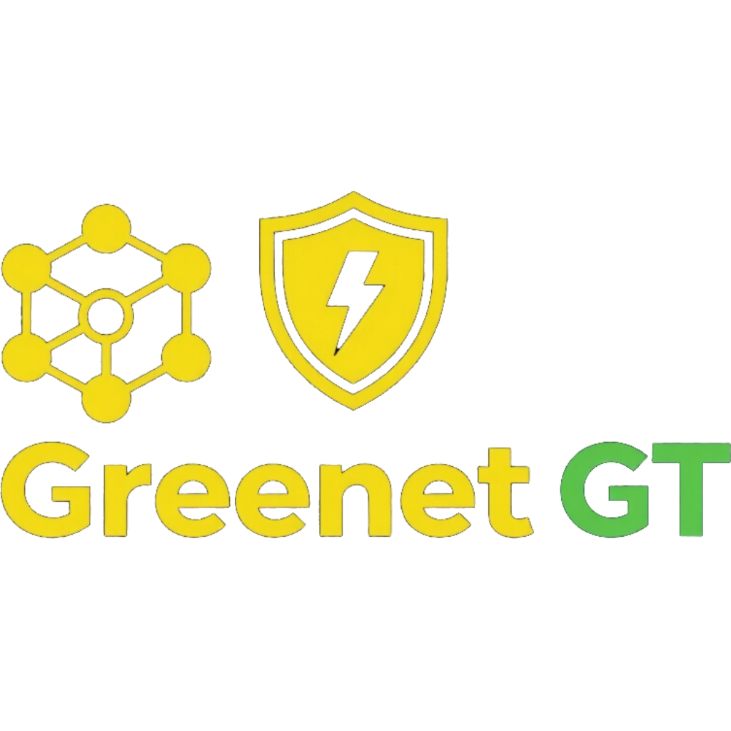 Logotipo de Greenet GT con un hexágono amarillo, un icono de escudo con un rayo y texto verde sobre fondo blanco