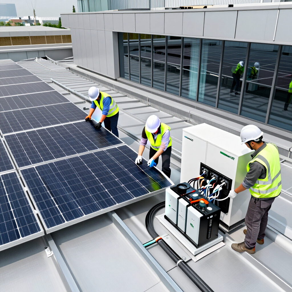 Trabajadores inspeccionando paneles solares en la azotea, junto a una unidad inversora de baterías abierta
