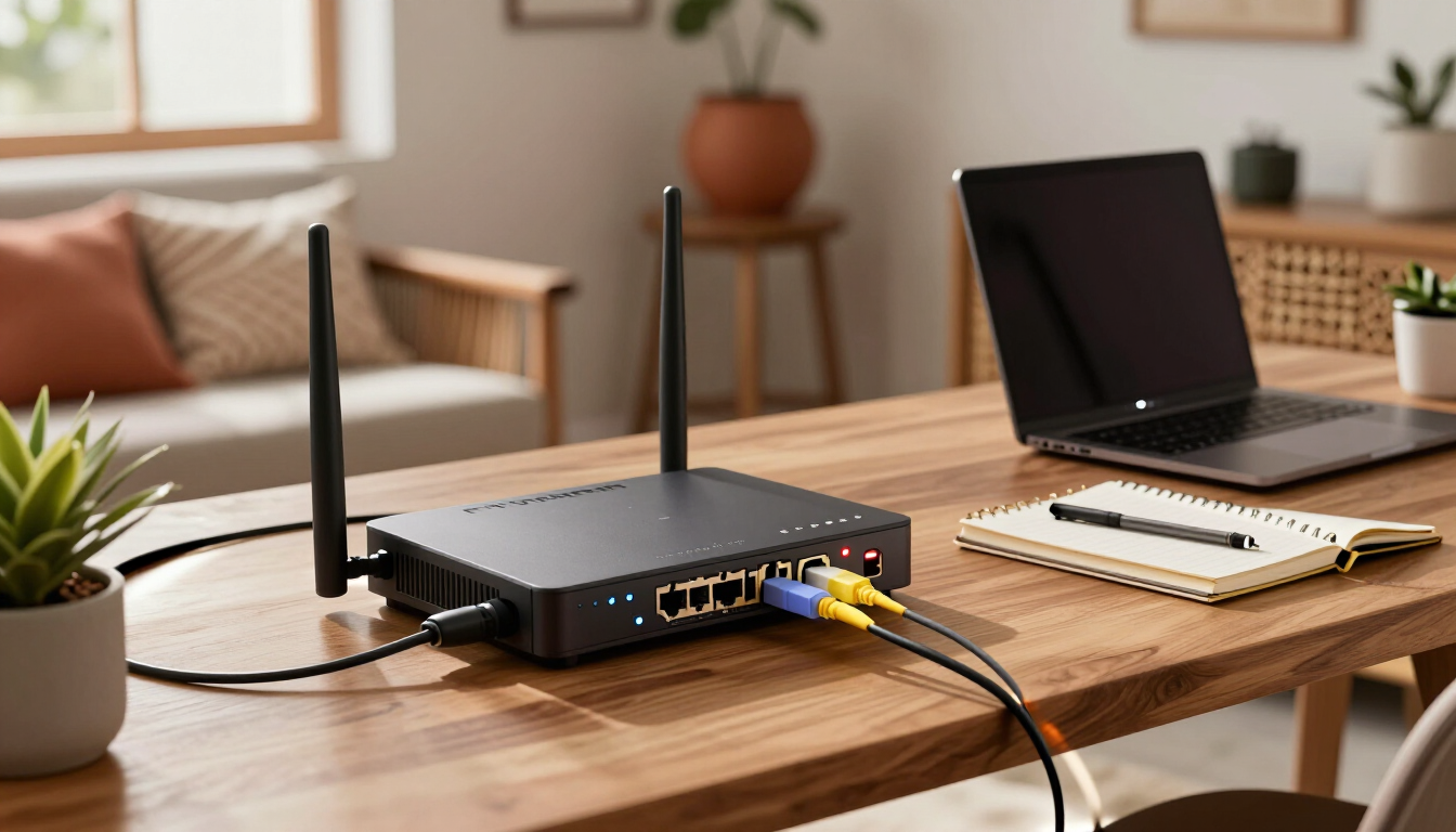 Router wifi y portátil sobre una mesa de madera en un acogedor salón