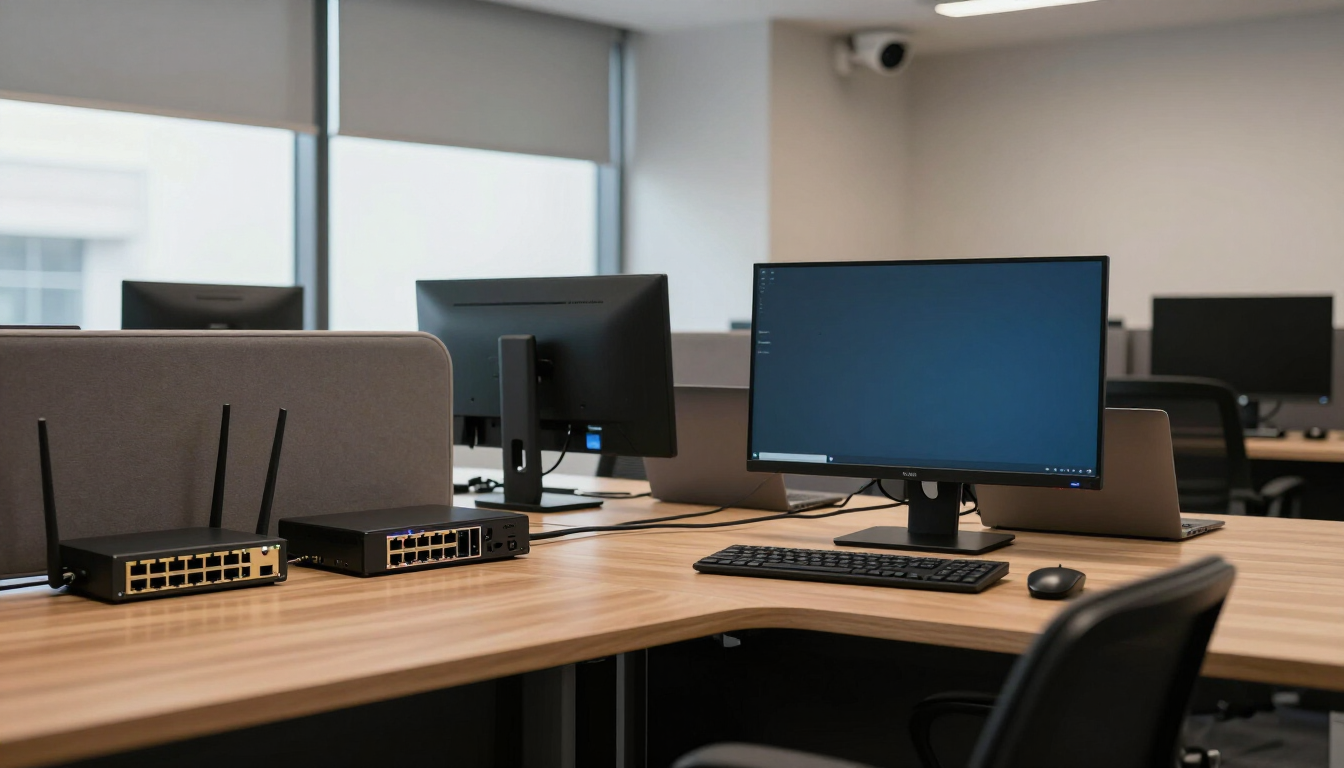 Oficina vacía con filas de ordenadores de sobremesa y monitores sobre escritorios de madera
