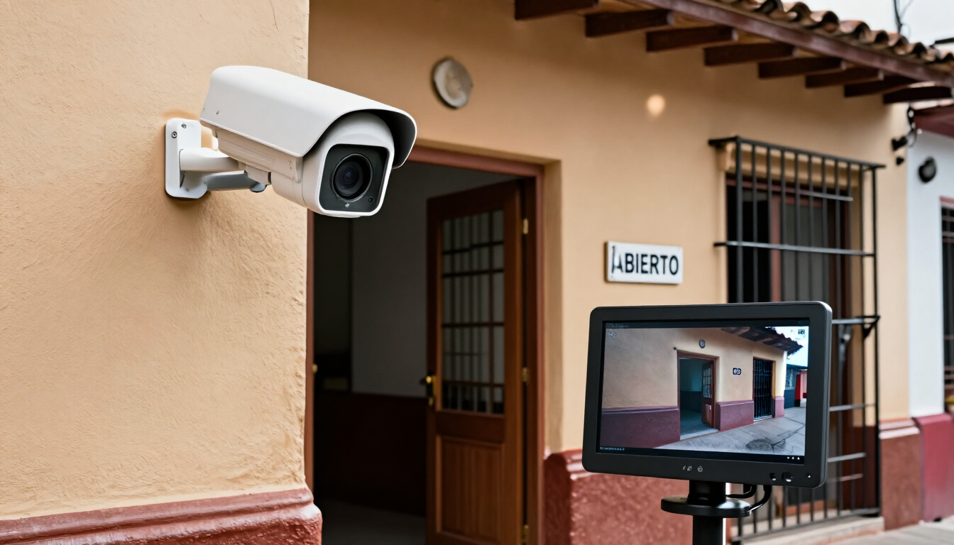 Exterior de un edificio con una cámara de seguridad montada en la pared y un monitor que muestra la entrada.