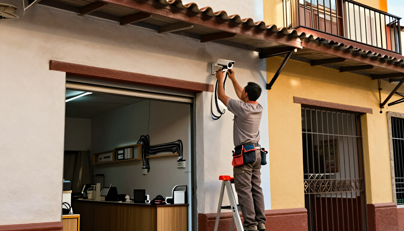 Un trabajador en una escalera reparando una luz exterior bajo el techo de un balcón.