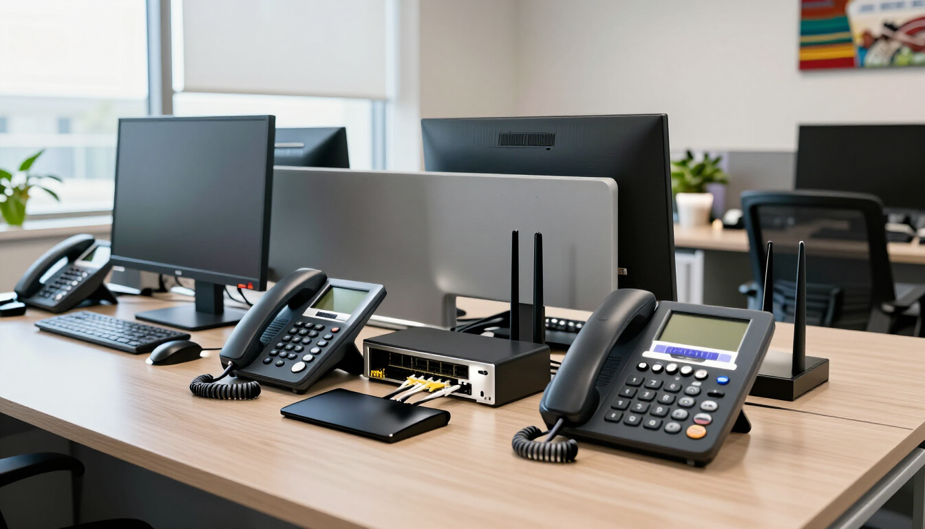 Escritorio de oficina con varios monitores, teléfonos de sobremesa y equipos de oficina en una sala de reuniones