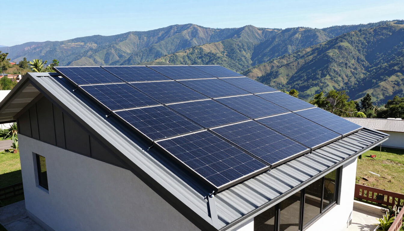 Casa con el tejado cubierto de paneles solares y montañas de fondo