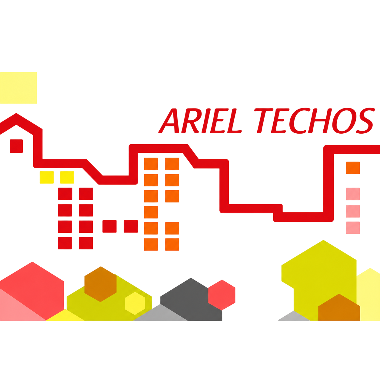 Logotipo de ARIEL TECHOS con una línea de tejado roja sobre edificios geométricos de colores, sobre fondo blanco
