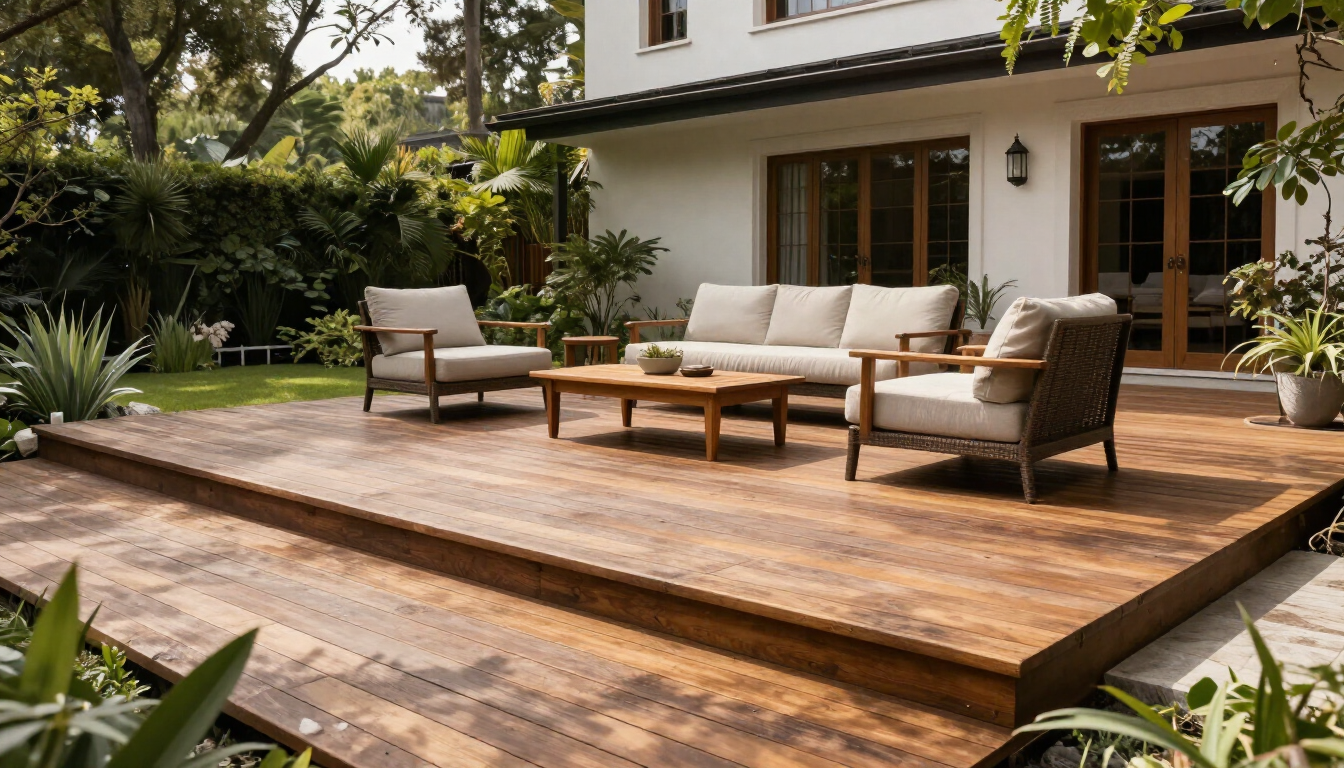 Terraza de madera con tumbonas acolchadas junto a una casa moderna y un exuberante jardín