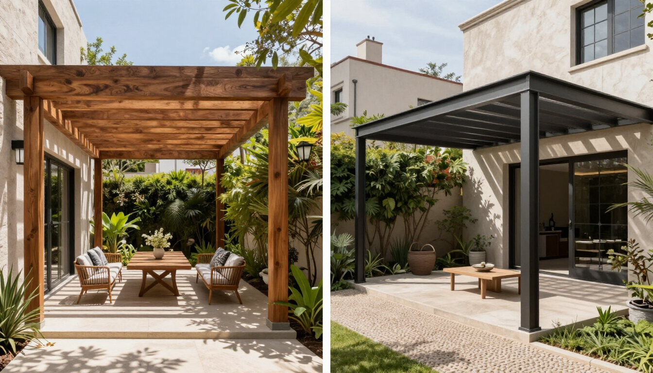 Dos pérgolas modernas para patio: una de madera con una mesa de comedor y otra negra con asientos junto a una casa.