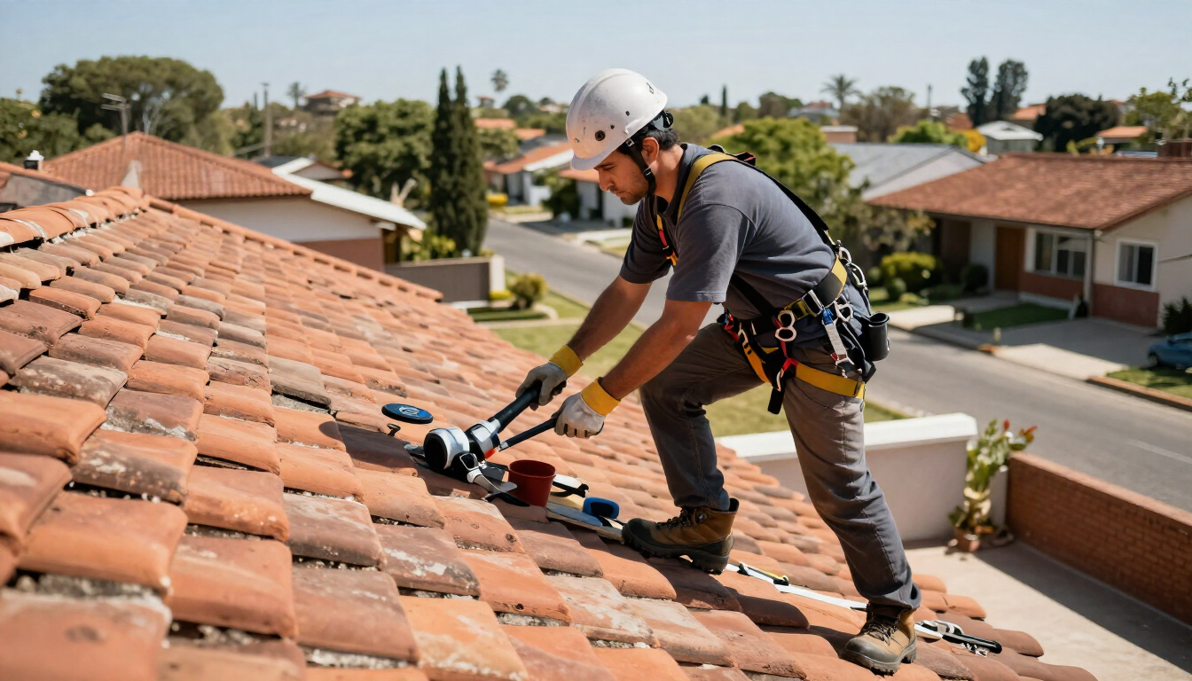 Trabajador reparando tejas de terracota en el tejado de una casa de las afueras, con arnés de seguridad.