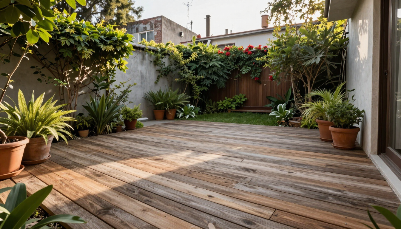 Decks exteriores de madera en un jardín
