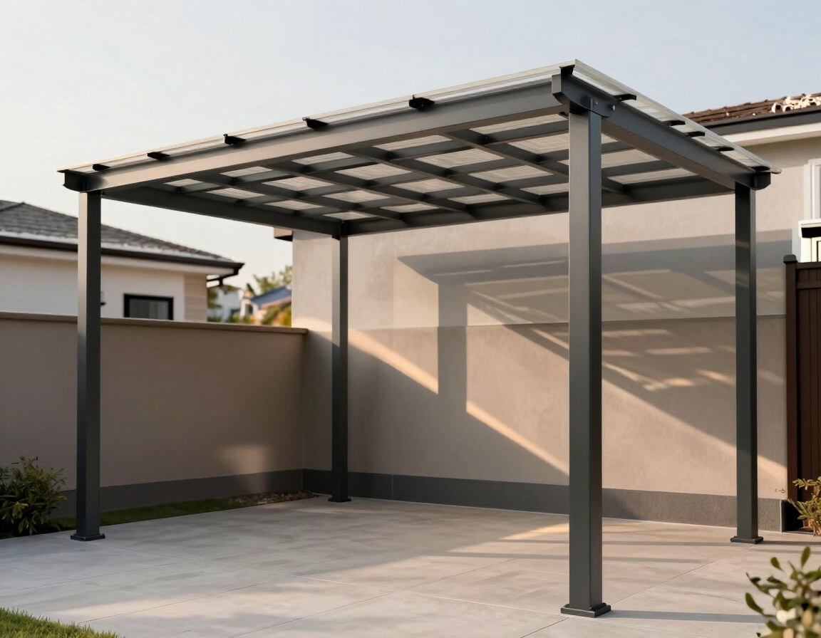 Detalle de una pérgola metálica con cobertura para exterior