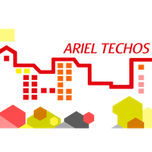 Logotipo de ARIEL TECHOS con una línea roja que representa un tejado, ventanas naranjas y formas geométricas de colores sobre un fondo blanco