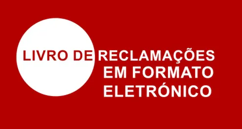 Texto branco em fundo vermelho: “LIVRO DE RECLAMAÇÕES EM FORMATO ELETRÓNICO” داخل círculo branco
