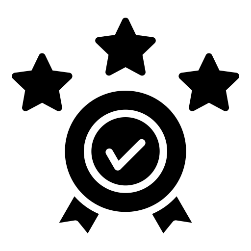 There is a check mark in the middle of a circle with three stars around it.