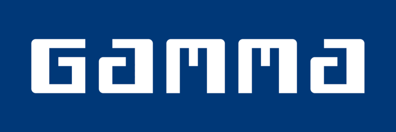 Gamma-logo in wit op een blauwe achtergrond