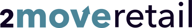 Het 2move retail-logo in donkerblauw met turquoise tekst en een groene stip boven de