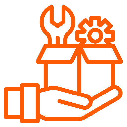 A hand is holding a box with a wrench and gears in it.
