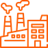 An orange icon of a factory with smoke coming out of the chimneys.