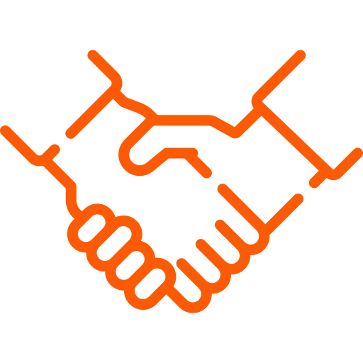 An orange icon of a handshake on a white background.