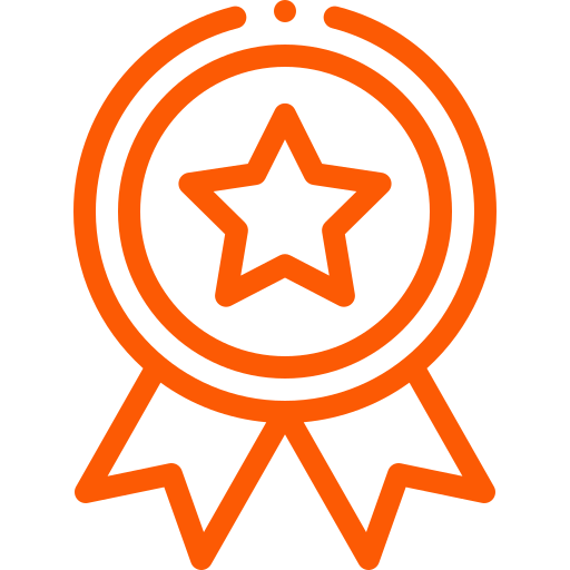 An orange ribbon with a star in the middle.