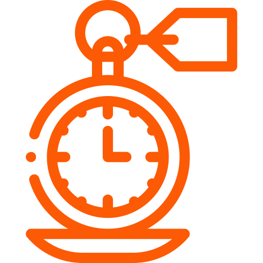 An orange icon of a pocket watch with a tag attached to it.
