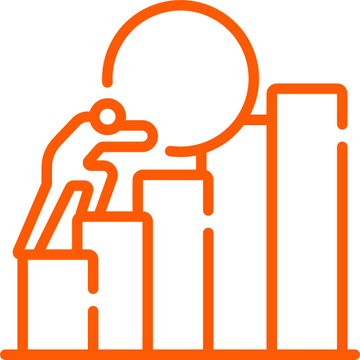 A line drawing of a person pushing a ball up a graph.