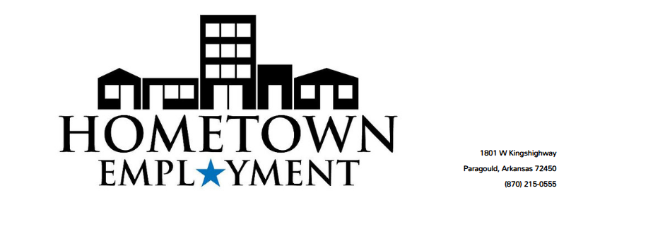 Logo for Hometown Employment, featuring a skyline silhouette above the company name with a blue star in the letter