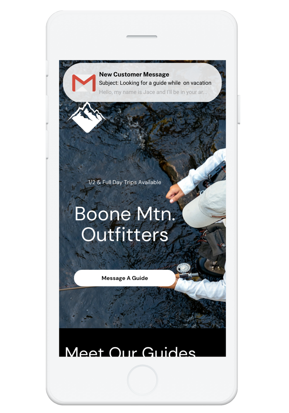A white cell phone displaying a website for boone mtn outfitters.