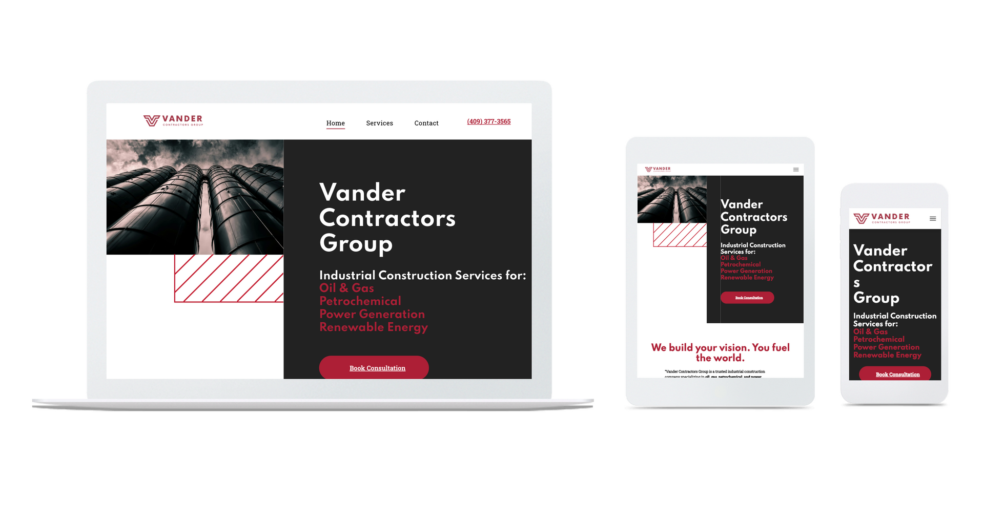 A laptop , tablet , and cell phone displaying a website for vander contractors group.