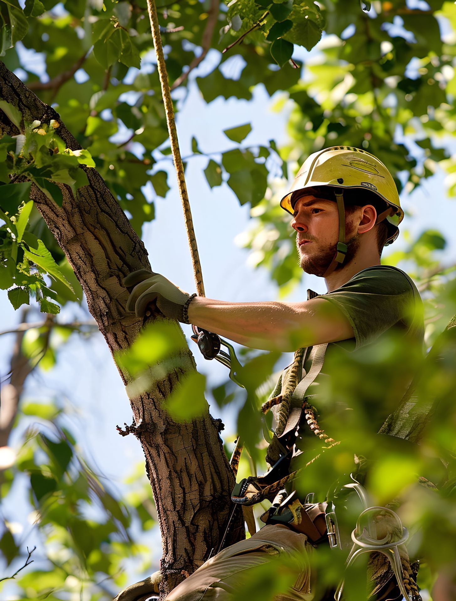 A man wearing a helmet is climbing a tree.