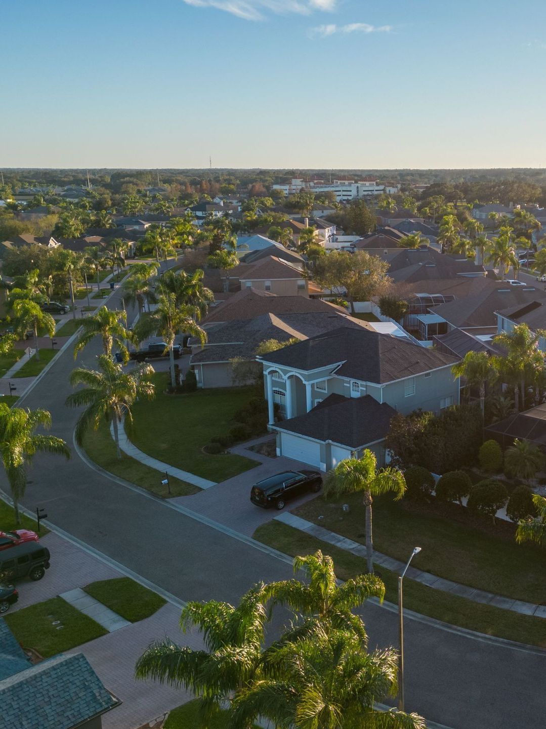 An aerial view of a residential area with lots of houses and palm trees.