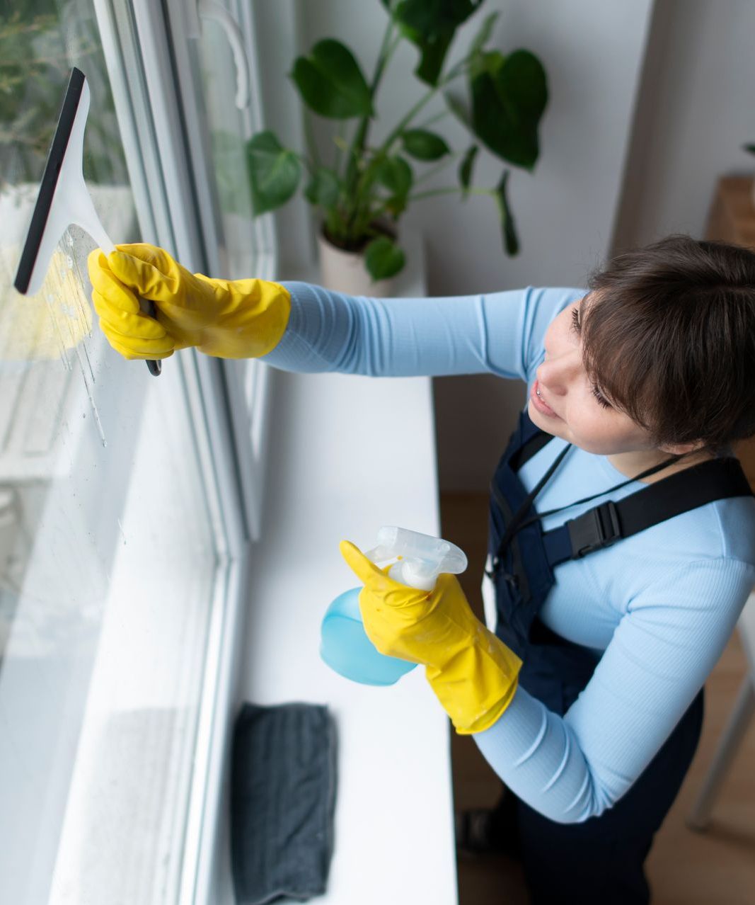 A woman wearing yellow gloves is cleaning a window.