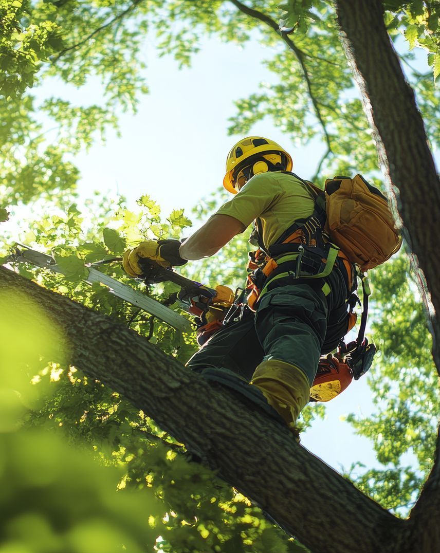 A man is cutting a tree branch with a chainsaw.