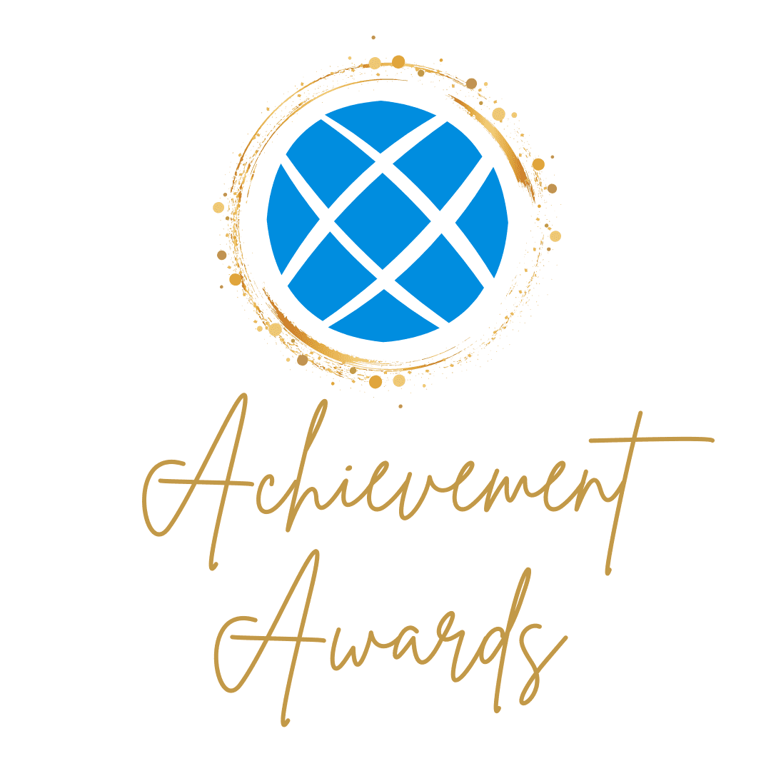 Gold “Achievement Awards” text beneath a blue circle logo with white cross lines and gold splatter ring
