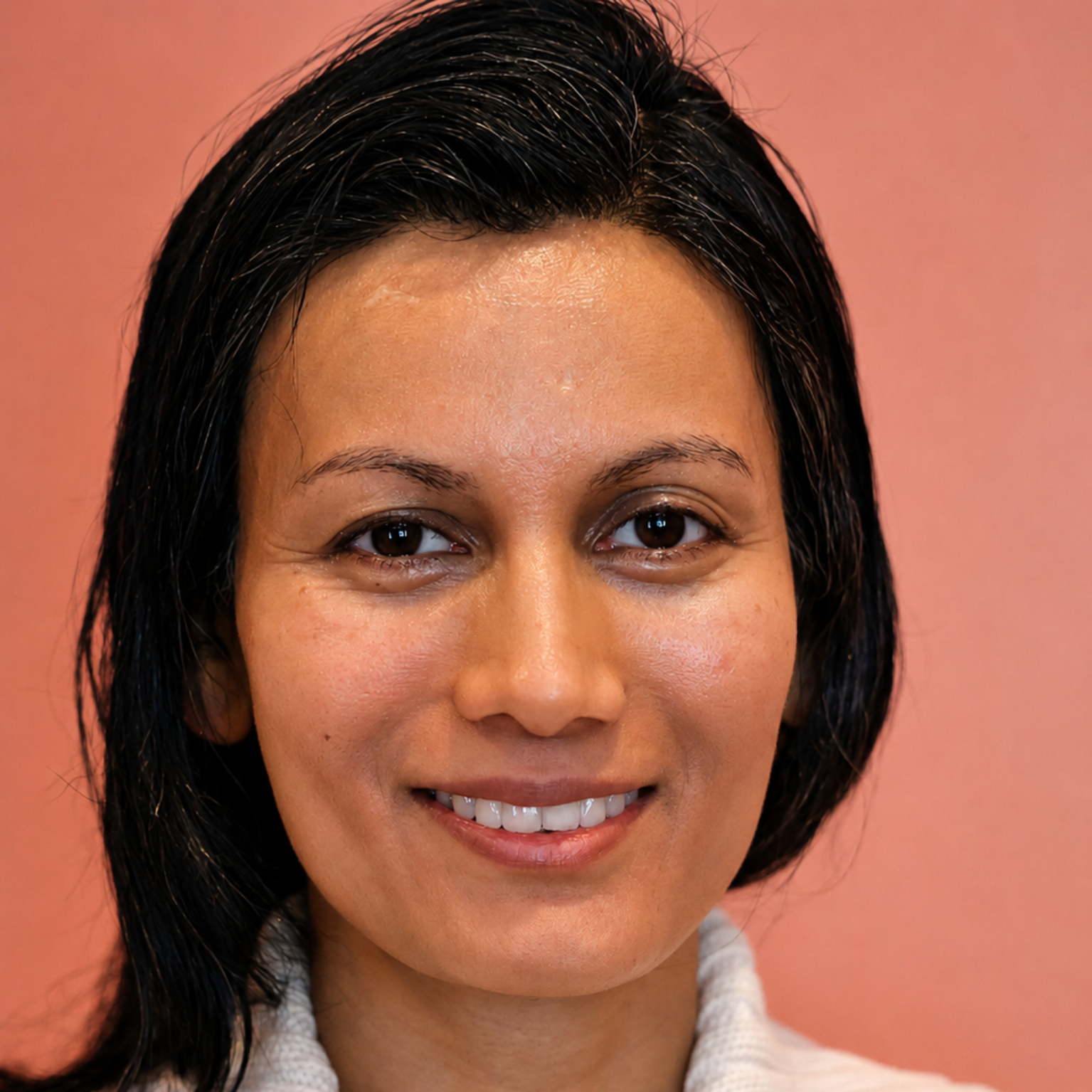 Smiling woman with dark hair against a pink background