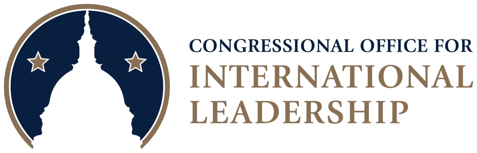 Logo for Congressional Office for International Leadership with blue Capitol dome icon and gold text