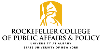 Rockefeller College of Public Affairs & Policy, University at Albany logo with gold emblem and black text