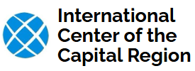 Logo for International Center of the Capital Region with blue globe graphic and black text.