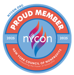 NYCON proud member badge in blue, orange, and white with New York Council of Nonprofits logo and 2025 dates