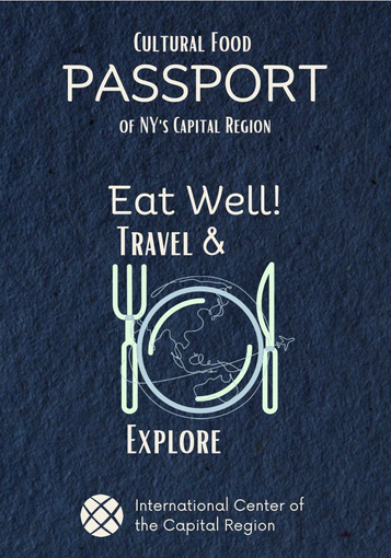 Cultural food passport poster with navy background, plate and utensils, promoting “Eat Well, Travel & Explore.”